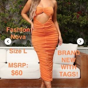 Fashion Nova Orange Ruched Cutout Keyhole Strapless Cocktail Dress